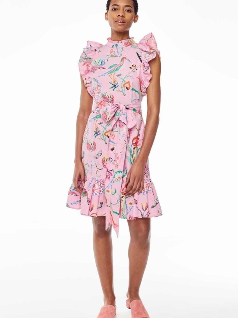 Banjanan Dress Womens L Pink Floral Cotton Poplin Ruffle Mini Bulbul Tropical
